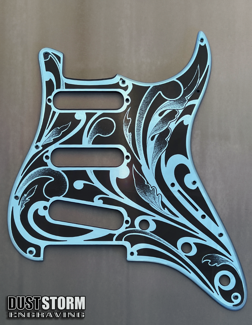 Engraved Pickguard & Free Tremolo Cover in Blue Acrylic Mirror Design #1 for Fender Stratocaster SSS, HSS, HSH Setups Available