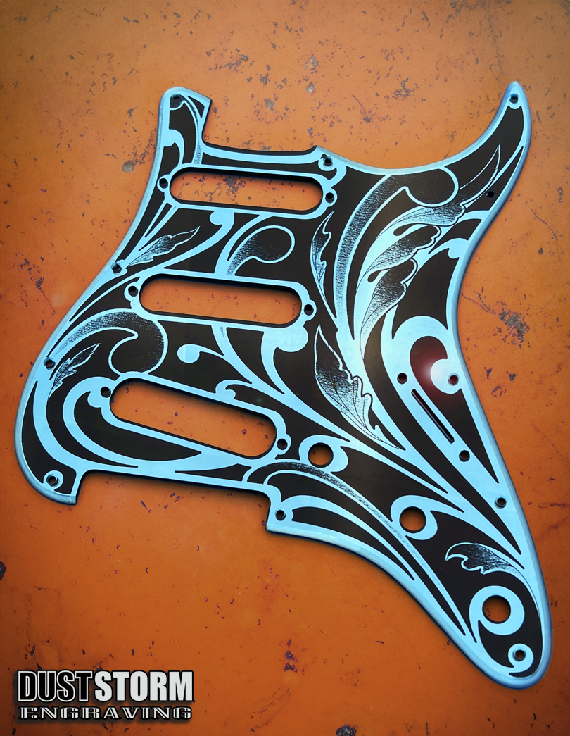 Engraved Pickguard & Free Tremolo Cover in Blue Acrylic Mirror Design #1 for Fender Stratocaster SSS, HSS, HSH Setups Available