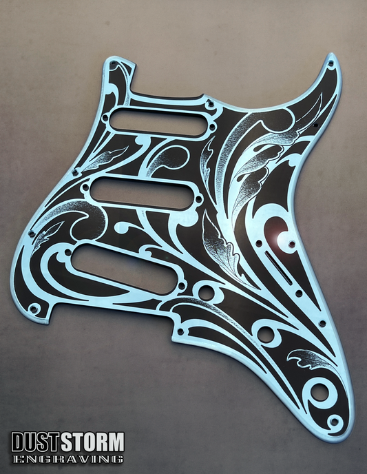 Engraved Pickguard & Free Tremolo Cover in Blue Acrylic Mirror Design #1 for Fender Stratocaster SSS, HSS, HSH Setups Available