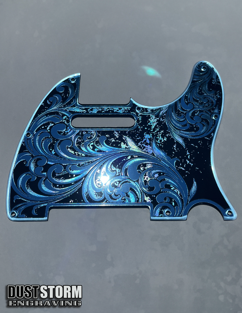 Engraved 8 Hole Pickguard for Fender Telecaster in Blue Patina Acrylic Mirror American/Mexican Tele Guitar Scratch Plate Standard or Humbucker Cut Available
