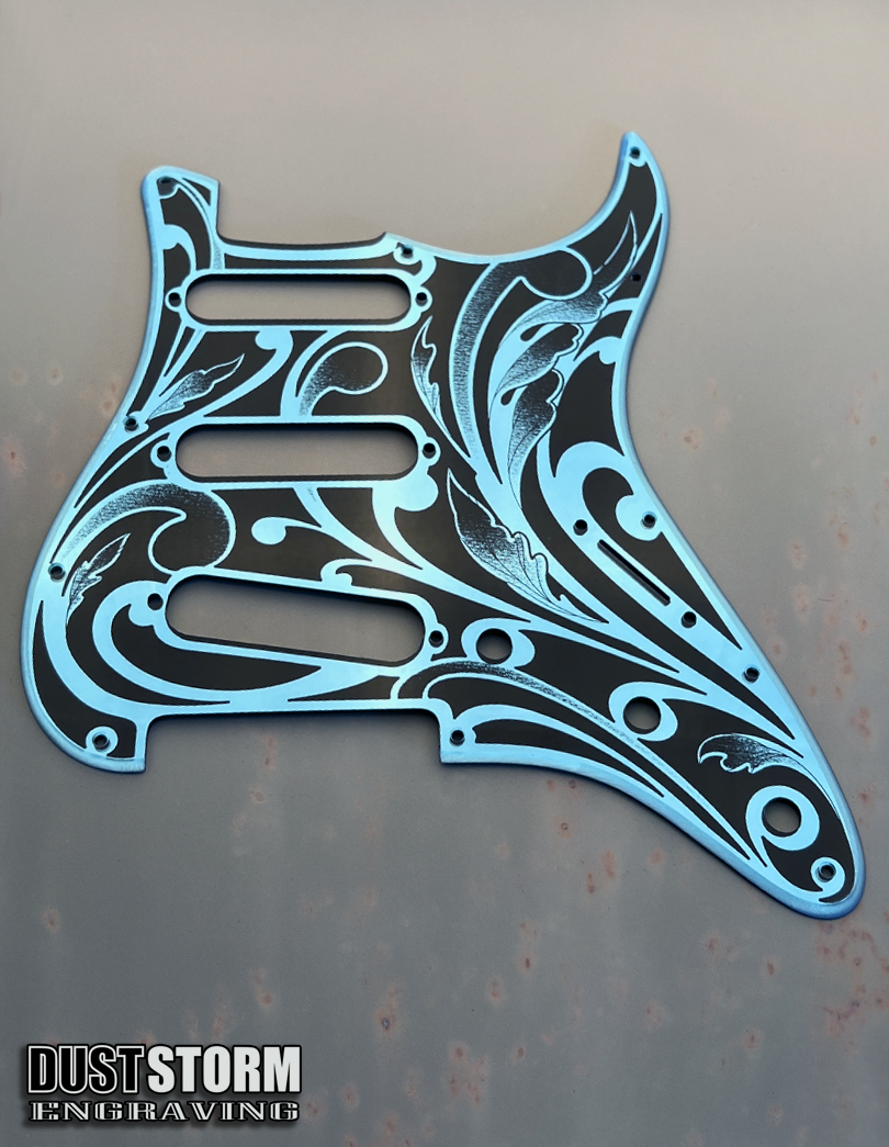 Engraved Pickguard & Free Tremolo Cover in Blue Acrylic Mirror Design #1 for Fender Stratocaster SSS, HSS, HSH Setups Available