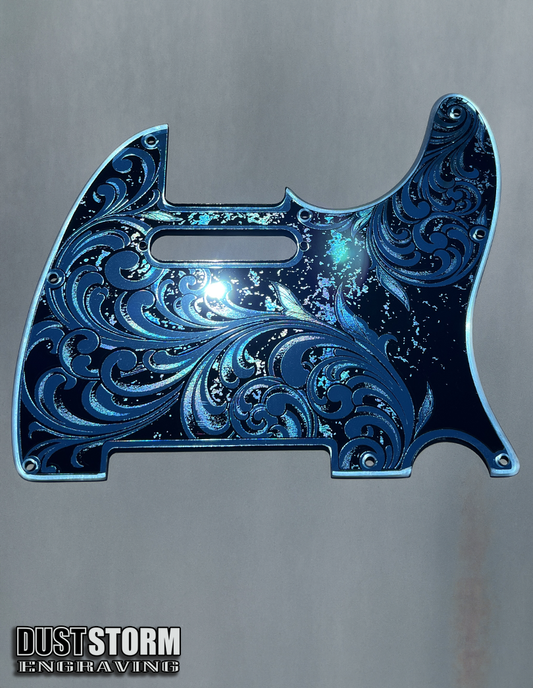 Engraved 8 Hole Pickguard for Fender Telecaster in Blue Patina Acrylic Mirror American/Mexican Tele Guitar Scratch Plate Standard or Humbucker Cut Available