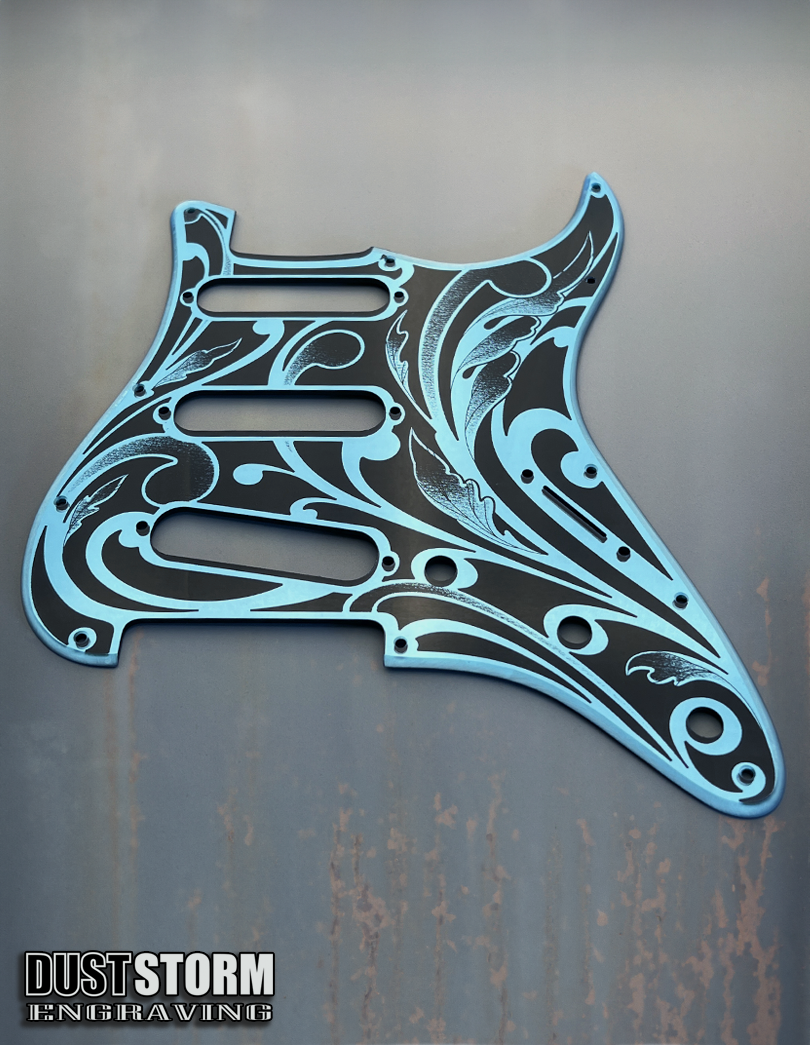 Engraved Pickguard & Free Tremolo Cover in Blue Acrylic Mirror Design #1 for Fender Stratocaster SSS, HSS, HSH Setups Available