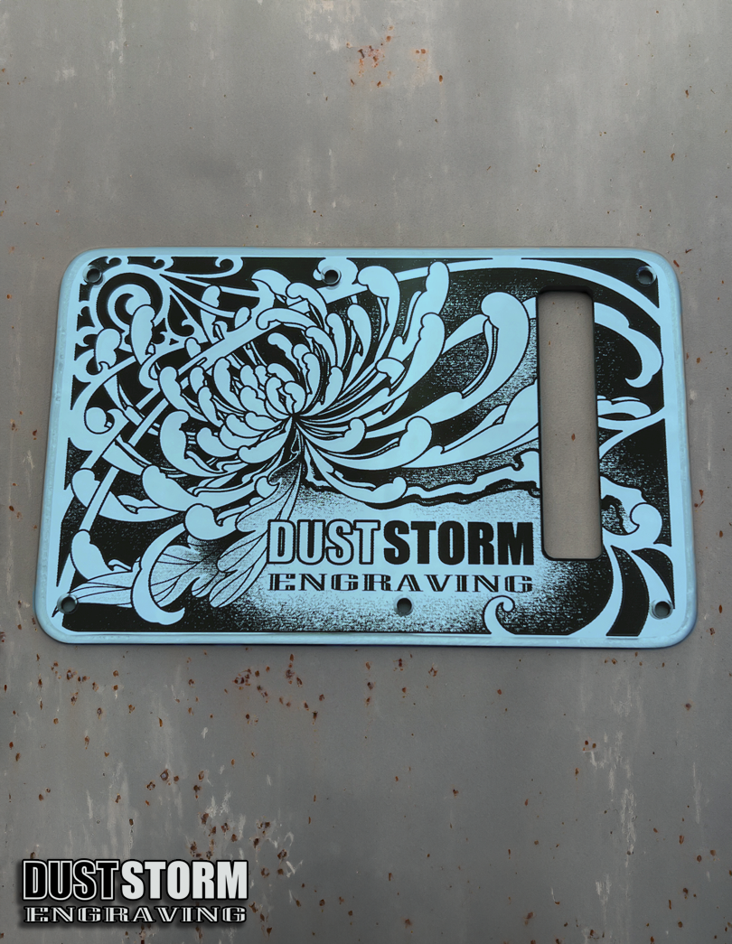 Engraved Pickguard & Free Tremolo Cover in Blue Acrylic Mirror Design #1 for Fender Stratocaster SSS, HSS, HSH Setups Available