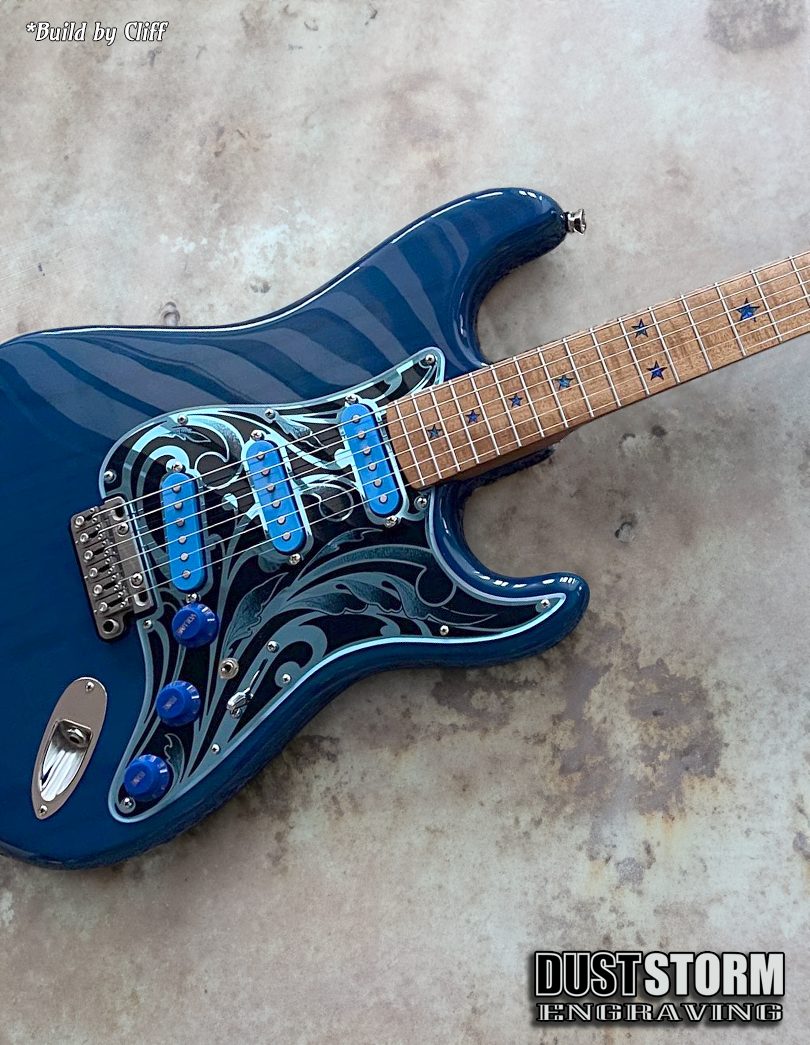 Engraved Pickguard & Free Tremolo Cover in Blue Acrylic Mirror Design #1 for Fender Stratocaster SSS, HSS, HSH Setups Available