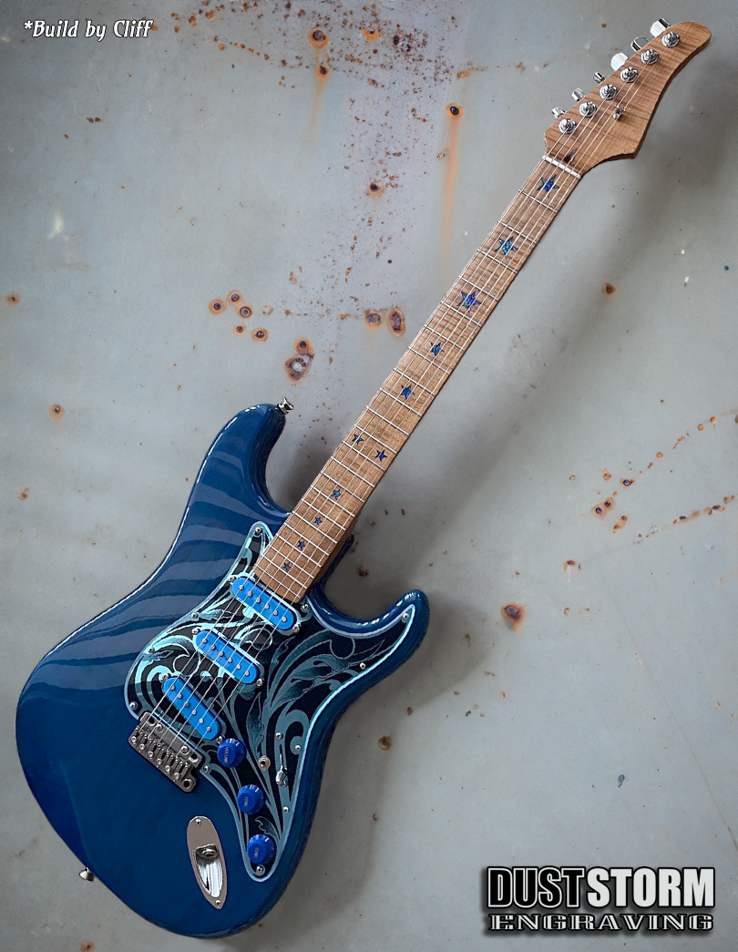 Engraved Pickguard & Free Tremolo Cover in Blue Acrylic Mirror Design #1 for Fender Stratocaster SSS, HSS, HSH Setups Available