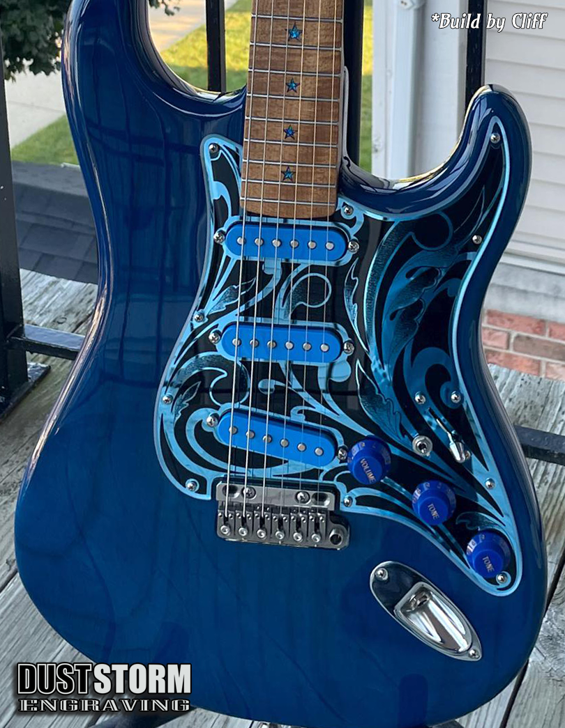 Engraved Pickguard & Free Tremolo Cover in Blue Acrylic Mirror Design #1 for Fender Stratocaster SSS, HSS, HSH Setups Available