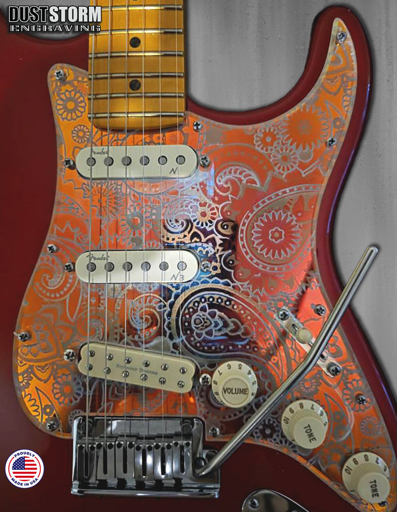 Paisley Pickguard & Free Tremolo Cover Engraved Iridescent Rainbow Acrylic Mirror for Fender Stratocaster SSS, HSS, HSH Setups Available