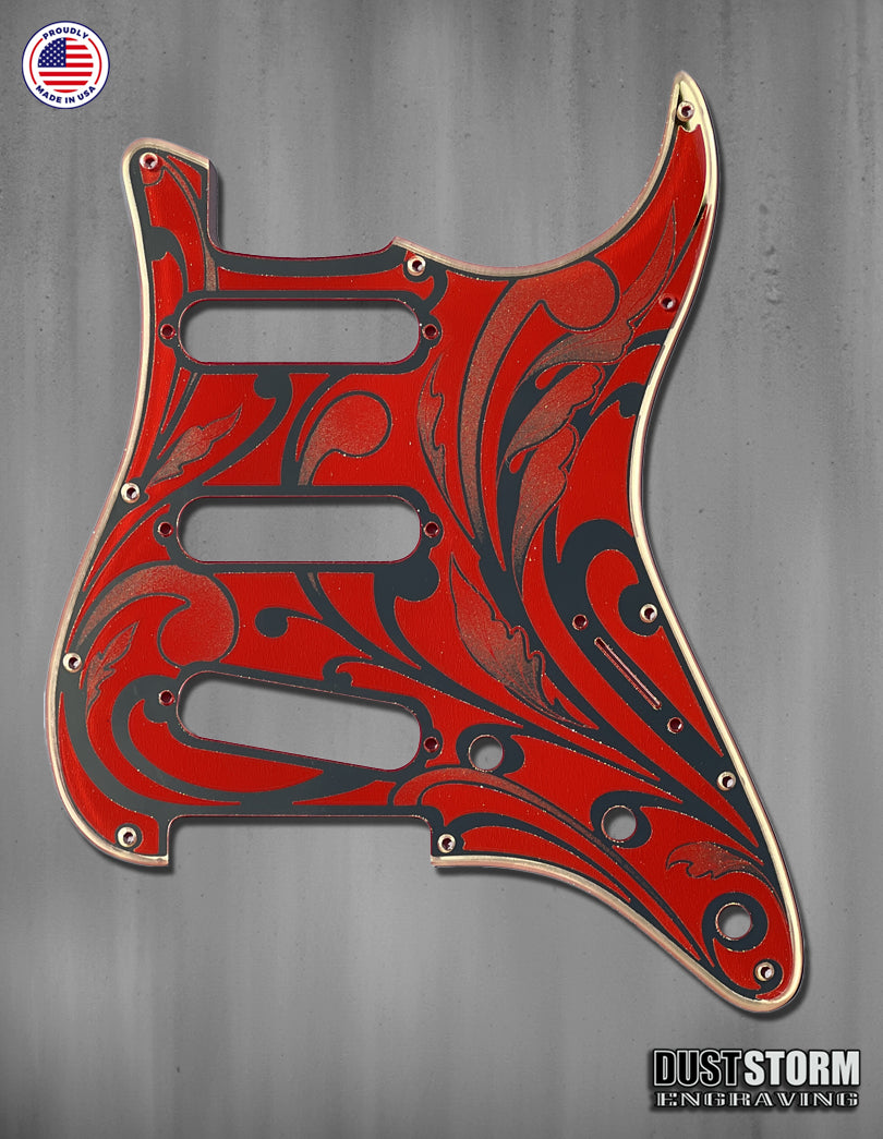 Engraved Gold Mirror and Red Acrylic Pickguard & Tremolo Cover for Fender Stratocaster
