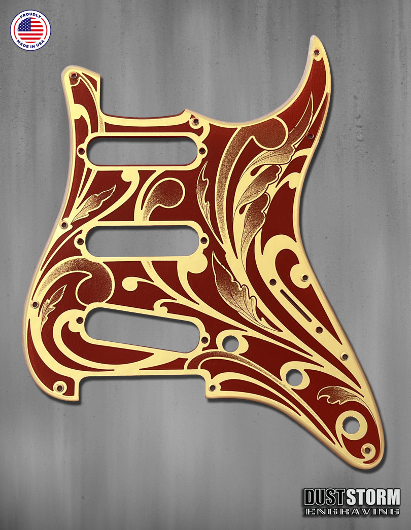 Engraved Gold Mirror and Red Acrylic Pickguard & Tremolo Cover for Fender Stratocaster