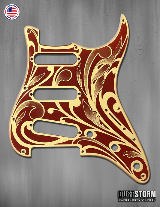 Engraved Gold Mirror and Red Acrylic Pickguard & Tremolo Cover for Fender Stratocaster