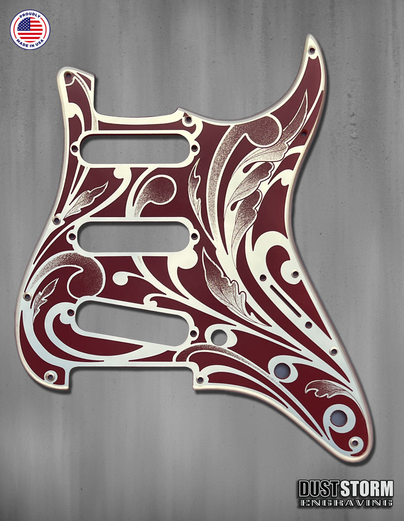 Engraved Gold Mirror and Red Acrylic Pickguard & Tremolo Cover for Fender Stratocaster