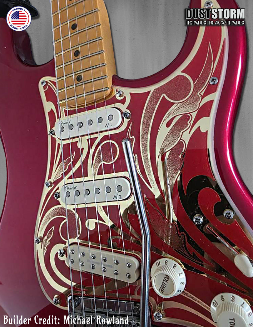 Engraved Gold Mirror and Red Acrylic Pickguard & Tremolo Cover for Fender Stratocaster