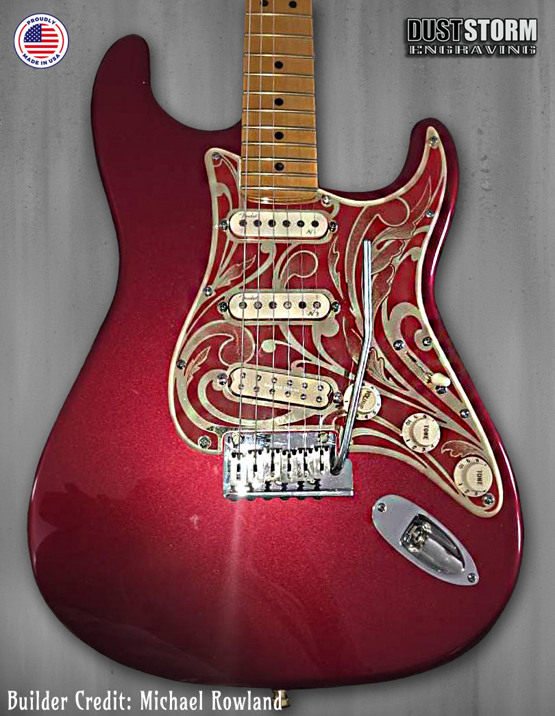 Engraved Gold Mirror and Red Acrylic Pickguard & Tremolo Cover for Fender Stratocaster