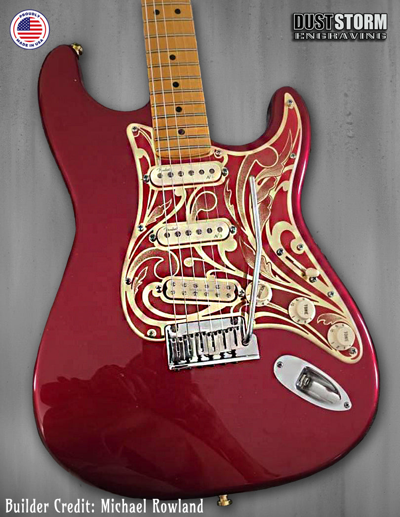 Engraved Gold Mirror and Red Acrylic Pickguard & Tremolo Cover for Fender Stratocaster
