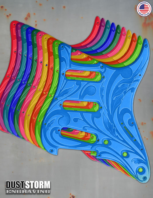 Engraved Pickguard & Free Tremolo Cover in Glossy Acrylic 10 Solid Color Choices Design #1 for Fender Stratocaster HSH, HSS, SSS Setups Available