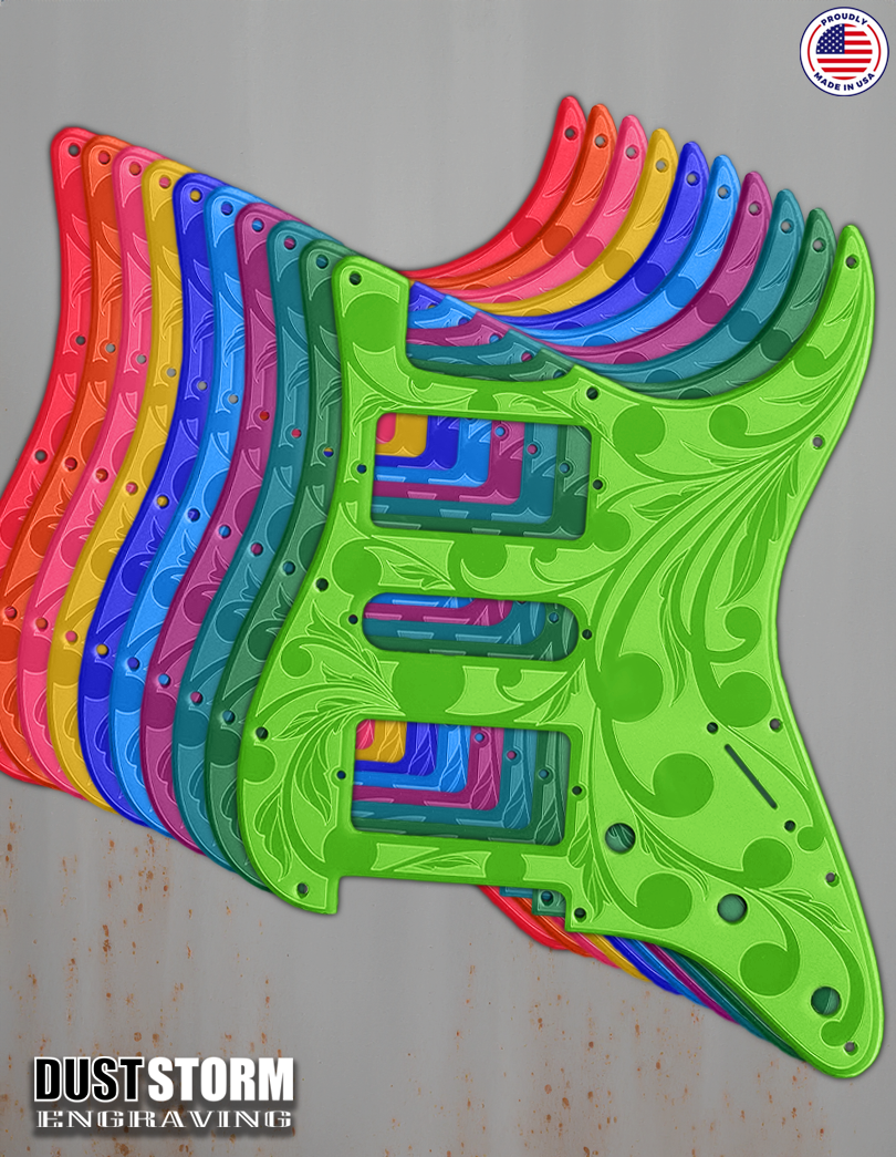 Engraved Pickguard & Free Tremolo Cover in Glossy Acrylic 10 Solid Color Choices Design #2 for Fender Stratocaster HSH, HSS, SSS Setups Available
