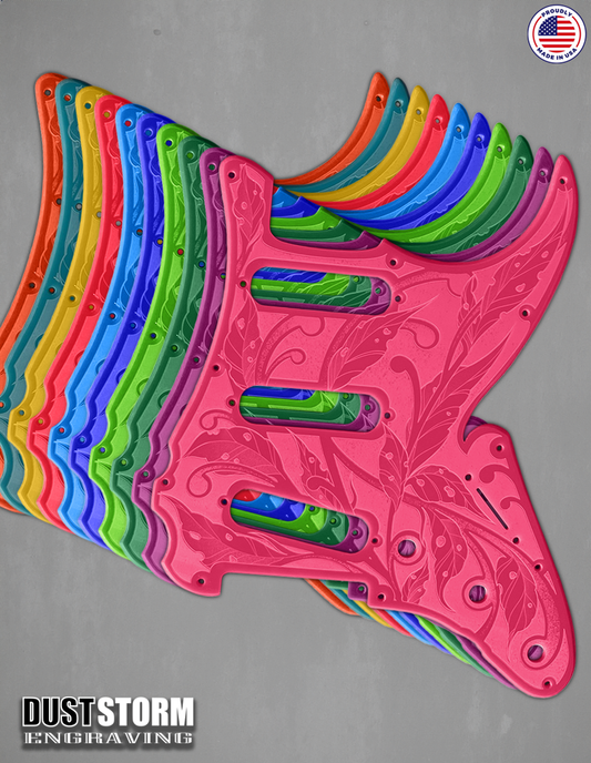 Engraved Pickguard & Free Tremolo Cover in Glossy Acrylic 10 Solid Color Choices Design #3 for Fender Stratocaster HSH, HSS, SSS Setups Available