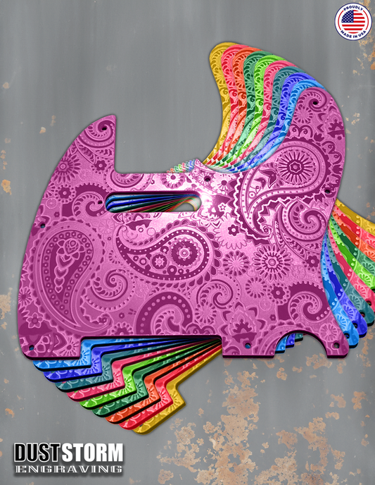 Engraved 8 Hole Paisley Pickguard for Fender Telecaster in Glossy Acrylic 10 Solid Color Choices American/Mexican Tele Guitar Scratch Plate Standard or Humbucker Cut Available
