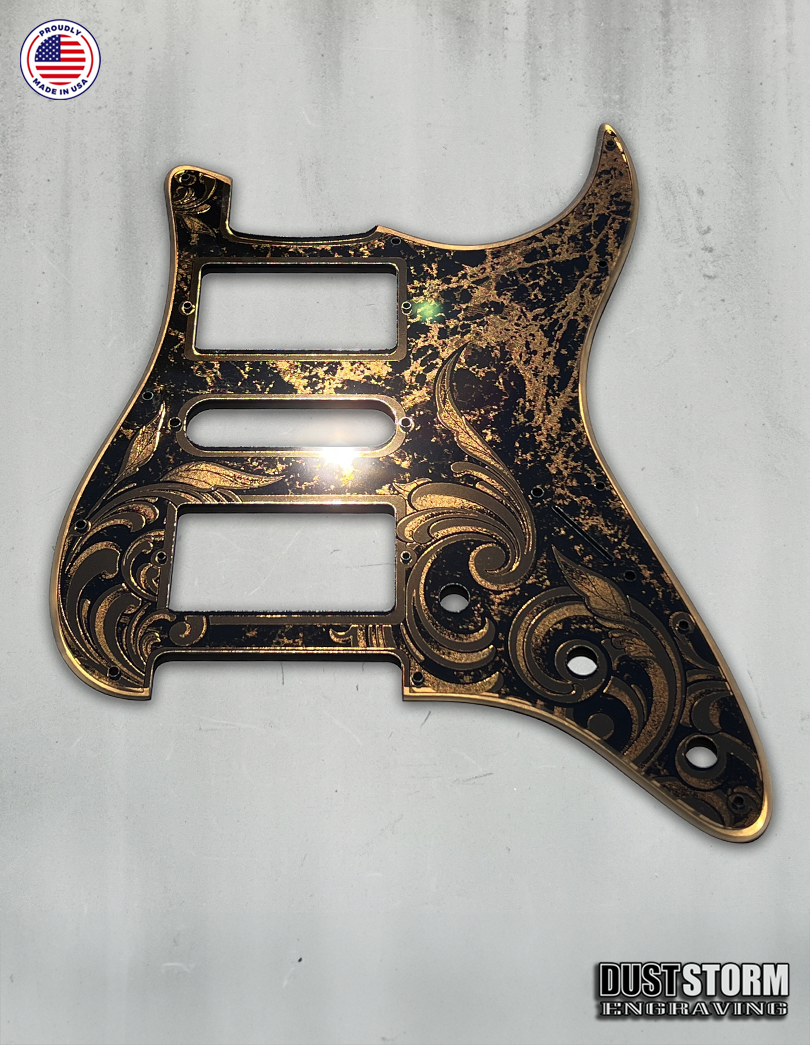 Shell Pink XGP Stratocaster Style Laser Engraved Guitar Body with Copper Acrylic Mirror Pickguard and Tremolo Cover HSH, HSS, SSS Setups Available