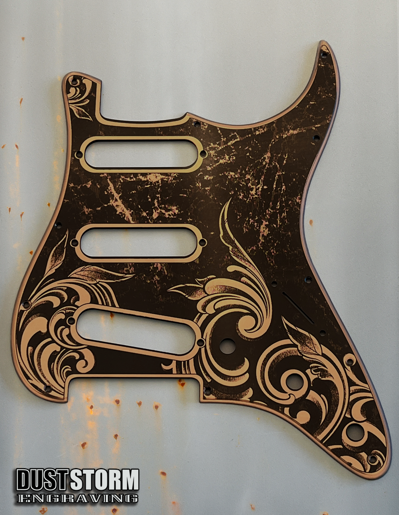 Engraved Pickguard & Free Tremolo Cover in Copper Acrylic Mirror Design #4 for Fender Stratocaster SSS, HSS, HSH Setups Available