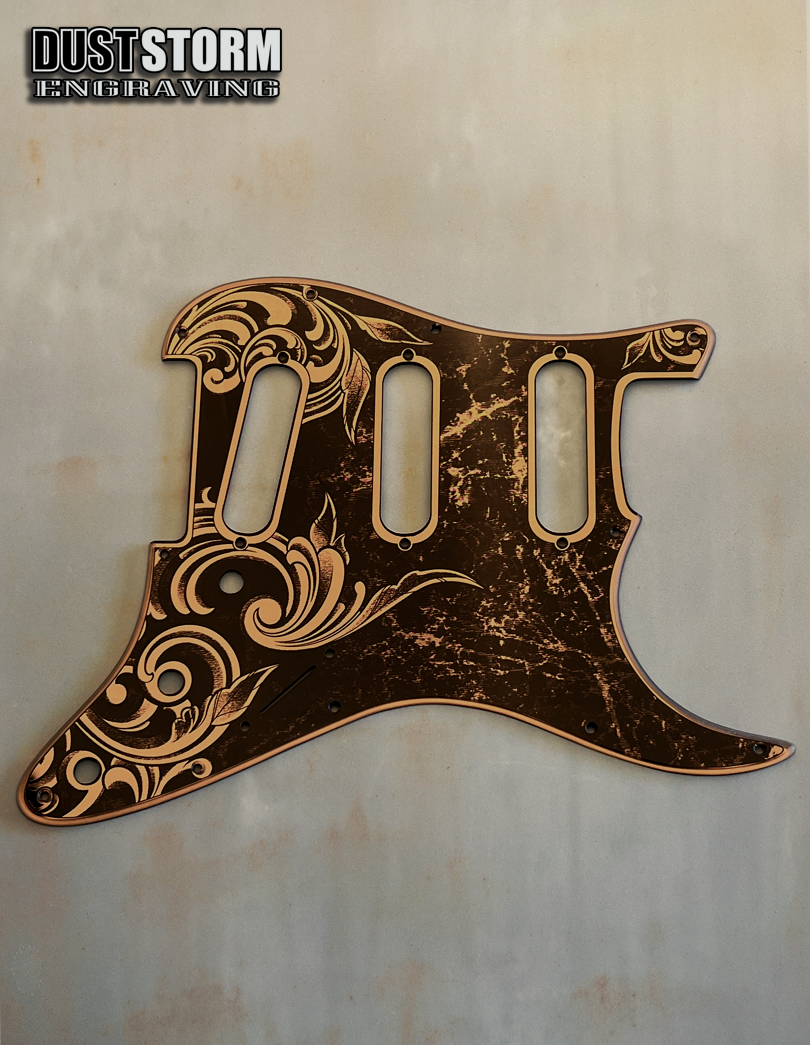 Engraved Pickguard & Free Tremolo Cover in Copper Acrylic Mirror Design #4 for Fender Stratocaster SSS, HSS, HSH Setups Available