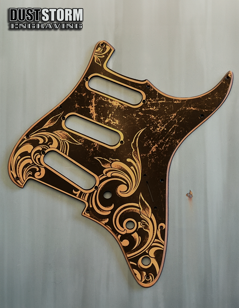 Engraved Pickguard & Free Tremolo Cover in Copper Acrylic Mirror Design #4 for Fender Stratocaster SSS, HSS, HSH Setups Available