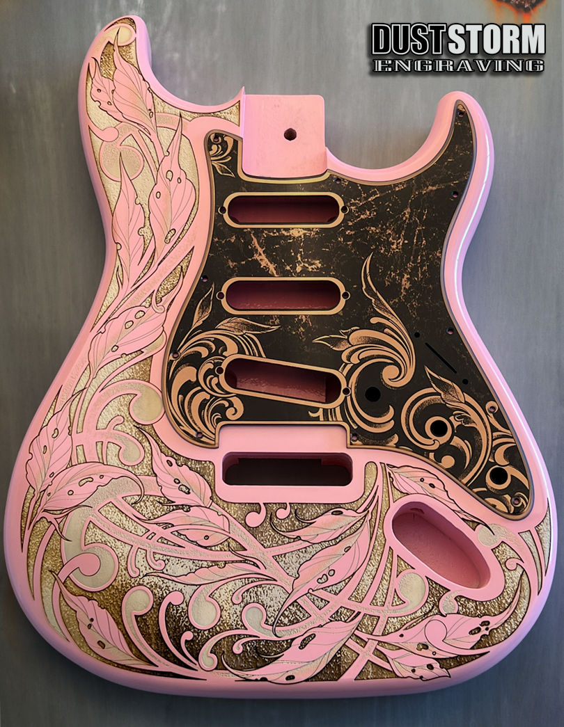 Engraved Pickguard & Free Tremolo Cover in Copper Acrylic Mirror Design #4 for Fender Stratocaster SSS, HSS, HSH Setups Available
