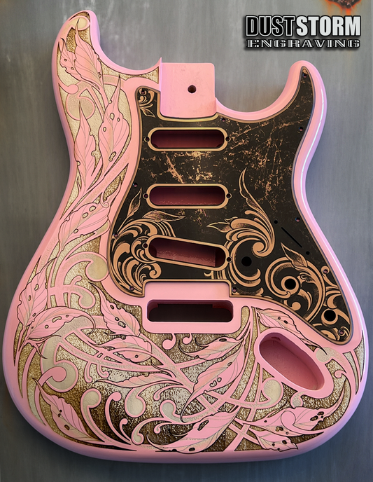 Custom Laser Engraved Pink Fender Strat Style Guitar Body with Copper Acrylic Mirror Pickguard and Tremolo Cover HSH, HSS, SSS Setups Available