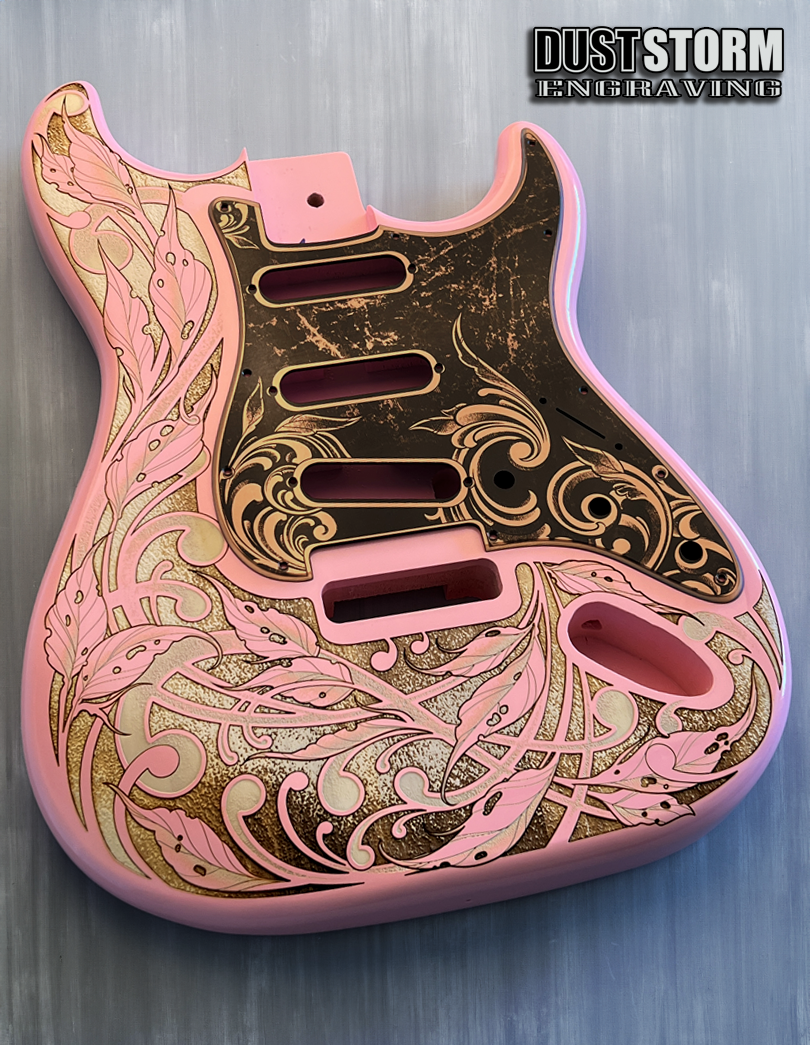 Custom Laser Engraved Pink Fender Strat Style Guitar Body with Copper Acrylic Mirror Pickguard and Tremolo Cover HSH, HSS, SSS Setups Available