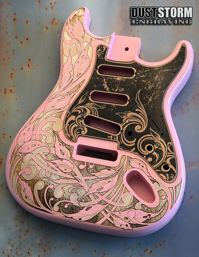 Custom Laser Engraved Pink Fender Strat Style Guitar Body with Copper Acrylic Mirror Pickguard and Tremolo Cover HSH, HSS, SSS Setups Available