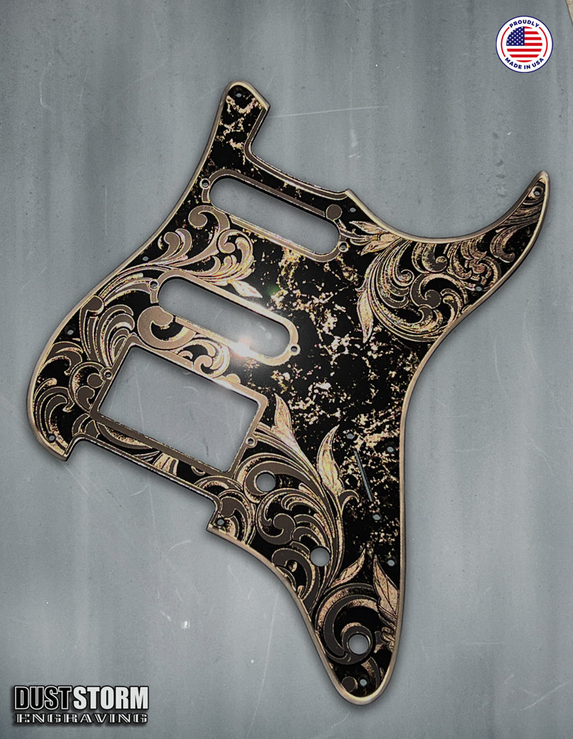 Engraved Pickguard & Free Tremolo Cover in Copper Acrylic Mirror Design #5 for Fender Stratocaster SSS, HSS, HSH Setups Available