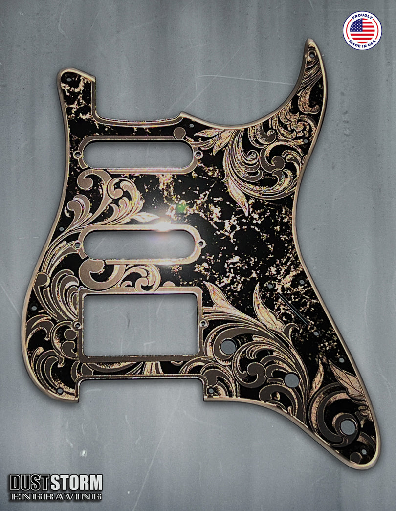 Engraved Pickguard & Free Tremolo Cover in Copper Acrylic Mirror Design #5 for Fender Stratocaster SSS, HSS, HSH Setups Available