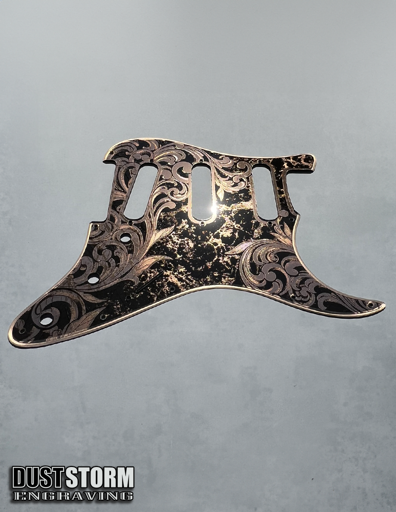Engraved Pickguard & Free Tremolo Cover in Copper Acrylic Mirror Design #5 for Fender Stratocaster SSS, HSS, HSH Setups Available