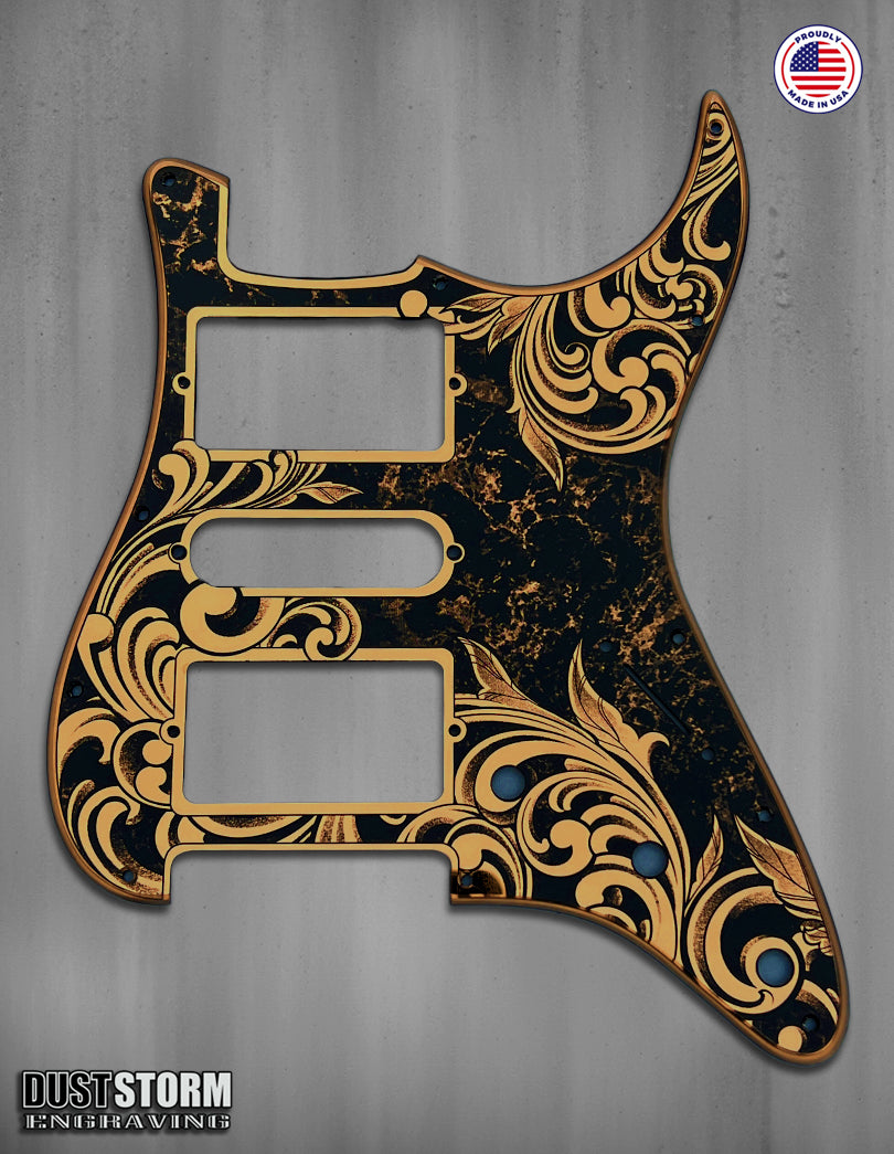 Engraved Pickguard & Free Tremolo Cover in Copper Acrylic Mirror Design #5 for Fender Stratocaster SSS, HSS, HSH Setups Available