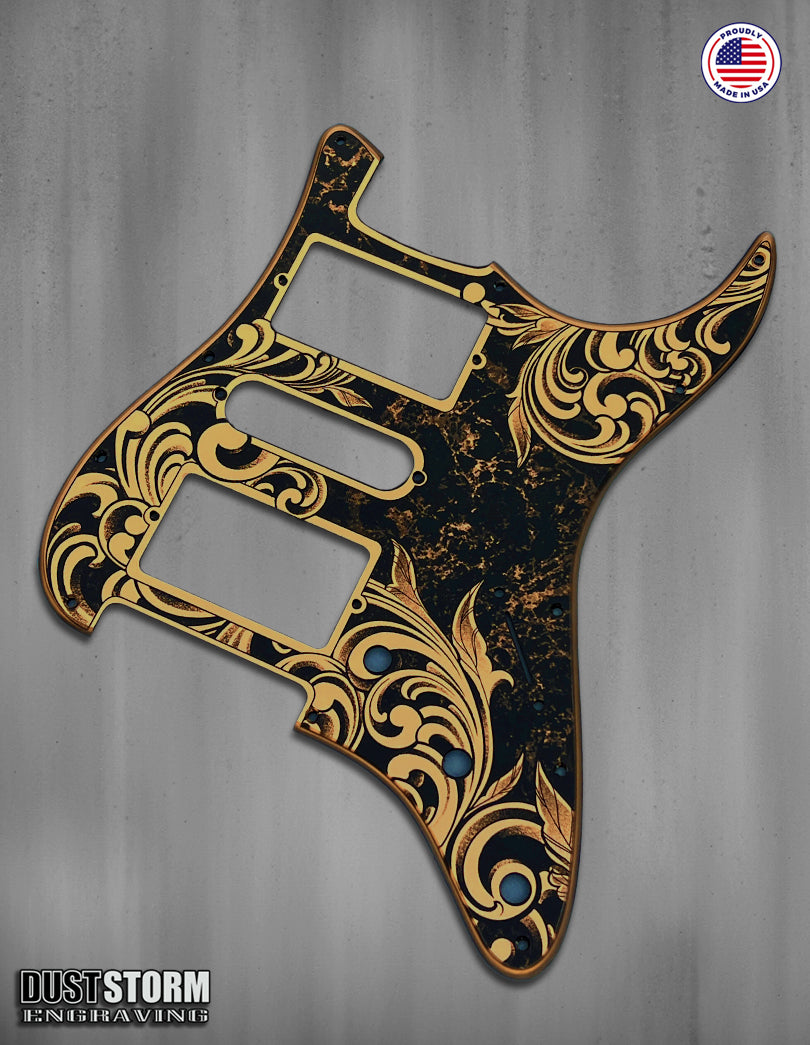 Engraved Pickguard & Free Tremolo Cover in Copper Acrylic Mirror Design #5 for Fender Stratocaster SSS, HSS, HSH Setups Available