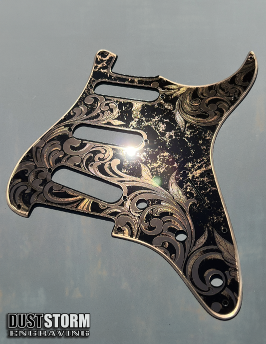 Engraved Pickguard & Free Tremolo Cover in Copper Acrylic Mirror Design #5 for Fender Stratocaster SSS, HSS, HSH Setups Available