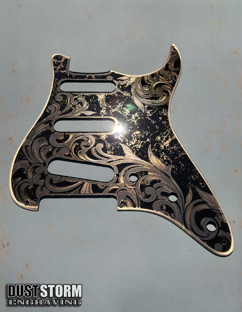 Engraved Pickguard & Free Tremolo Cover in Copper Acrylic Mirror Design #5 for Fender Stratocaster SSS, HSS, HSH Setups Available