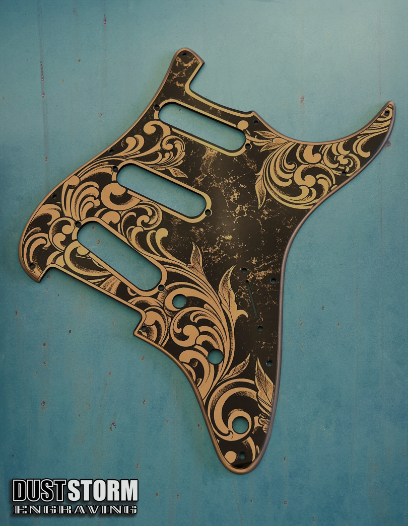 Engraved Pickguard & Free Tremolo Cover in Copper Acrylic Mirror Design #5 for Fender Stratocaster SSS, HSS, HSH Setups Available