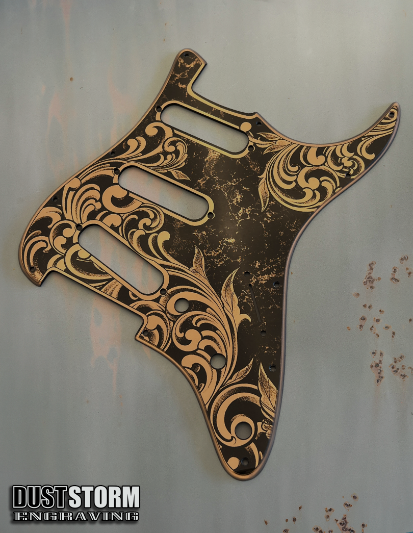 Engraved Pickguard & Free Tremolo Cover in Copper Acrylic Mirror Design #5 for Fender Stratocaster SSS, HSS, HSH Setups Available