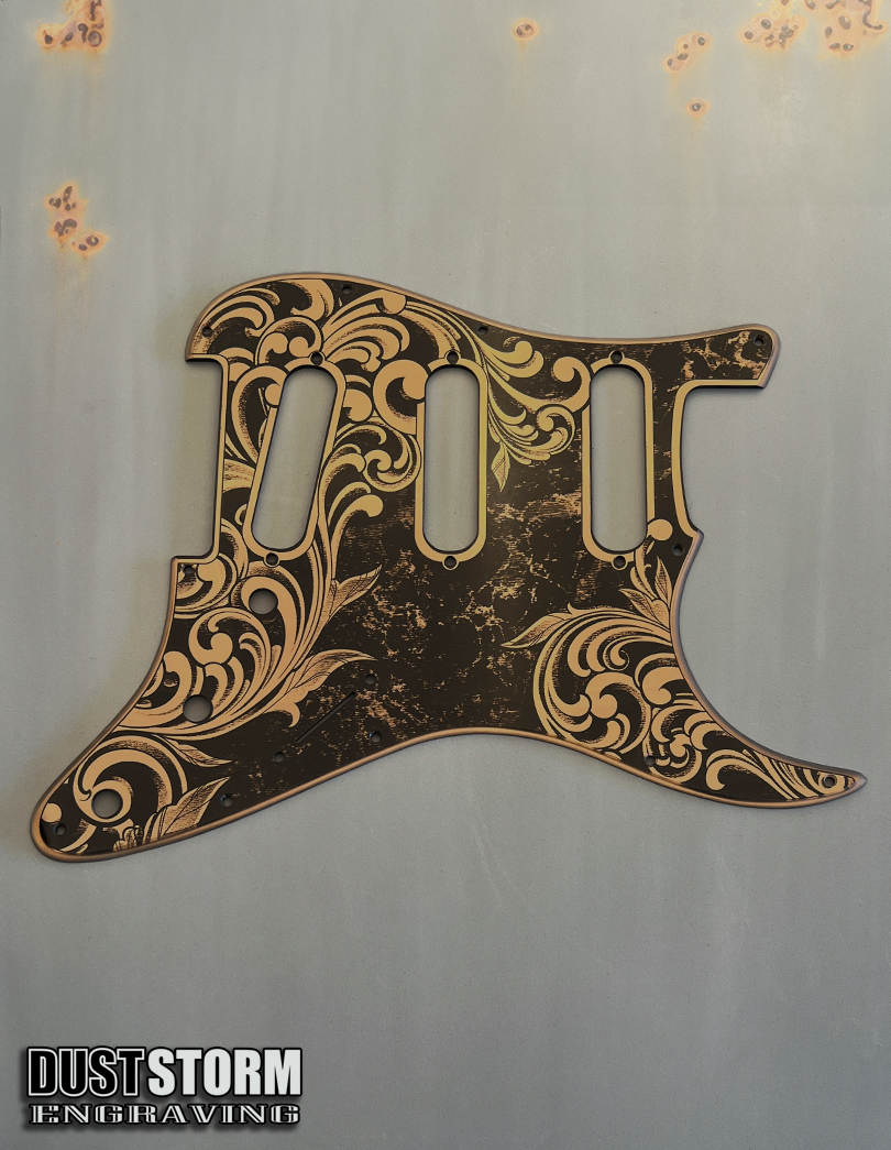 Engraved Pickguard & Free Tremolo Cover in Copper Acrylic Mirror Design #5 for Fender Stratocaster SSS, HSS, HSH Setups Available