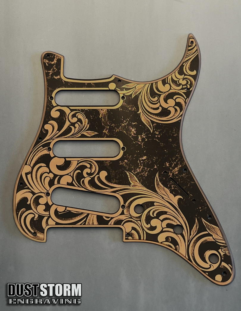 Engraved Pickguard & Free Tremolo Cover in Copper Acrylic Mirror Design #5 for Fender Stratocaster SSS, HSS, HSH Setups Available