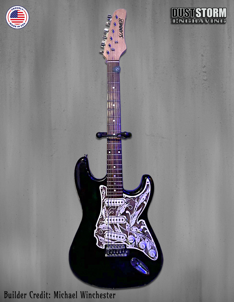 Engraved Pickguard & Free Tremolo Cover in Cherry Wood Veneer Design #3 for Fender Stratocaster SSS, HSS, HSH Setups Available