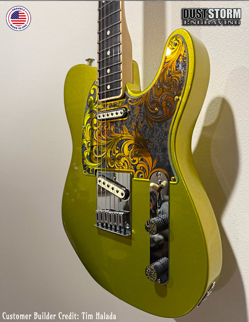 Engraved 8 Hole Pickguard for Fender Telecaster in Iridescent Gold Patina Acrylic Mirror American/Mexican Tele Guitar Scratch Plate Standard or Humbucker Cut Available