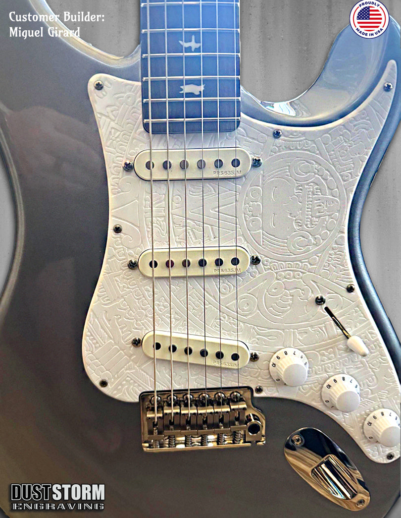 Mayan Calendar Pickguard Tremolo Cover Set - Engraved Solid White Acrylic - for PRS Silver Sky