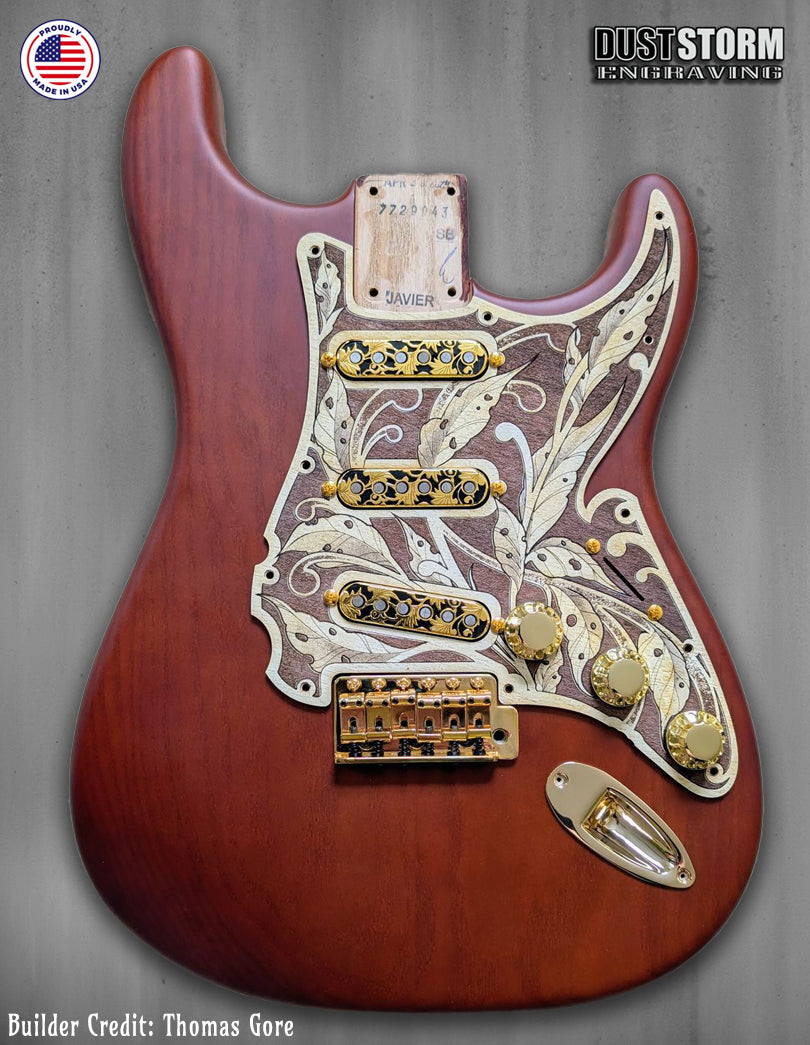 Engraved Pickguard & Free Tremolo Cover in Cherry Wood Veneer Design #3 for Fender Stratocaster SSS, HSS, HSH Setups Available