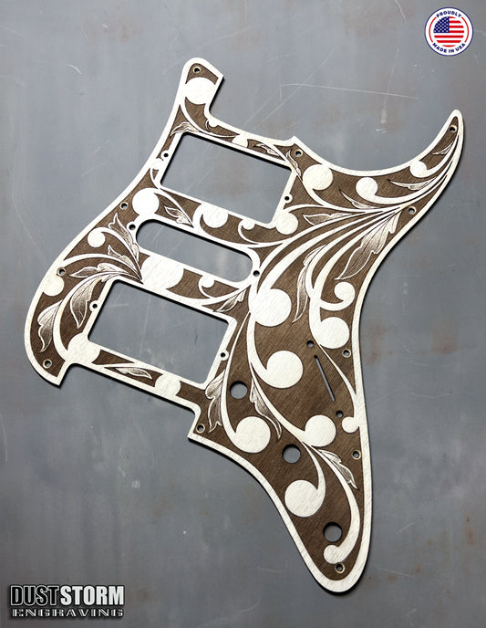 Engraved Pickguard & Free Tremolo Cover in Cherry Wood Veneer Design #2 for Fender Stratocaster SSS, HSS, HSH Setups Available