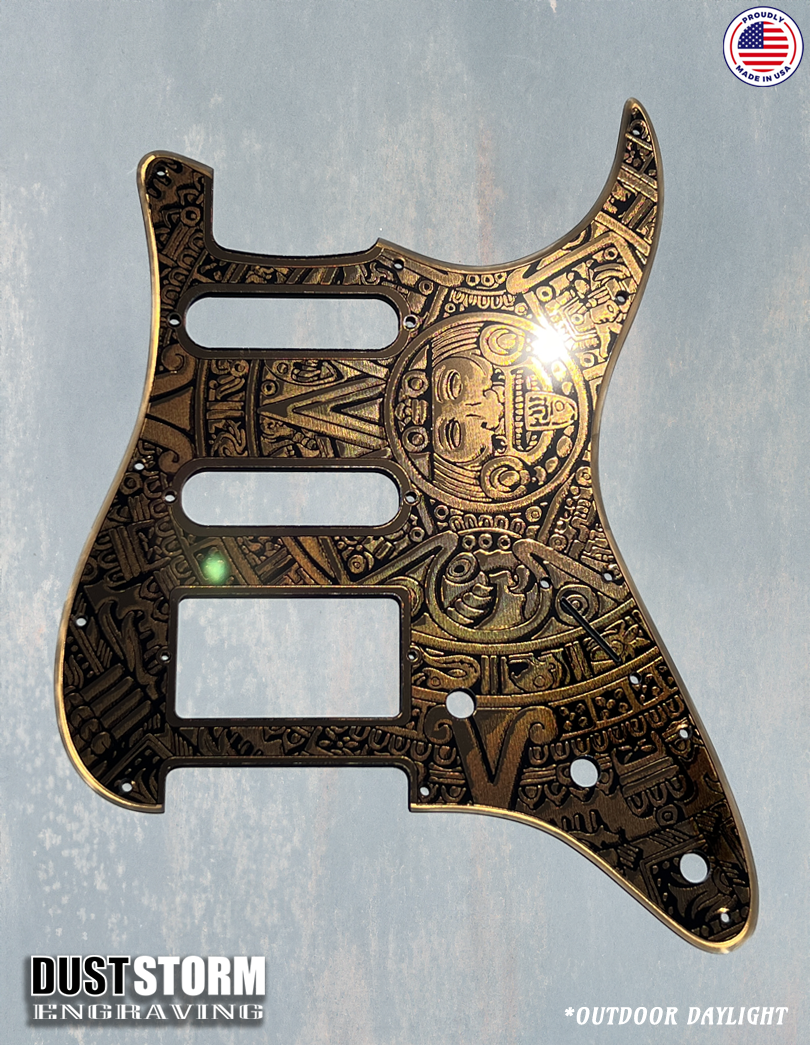 Engraved Mayan Calendar Pickguard for Fender Stratocaster & Free Tremolo Cover Dark Copper Acrylic Mirror SSS, HSS, HSH Setups Available