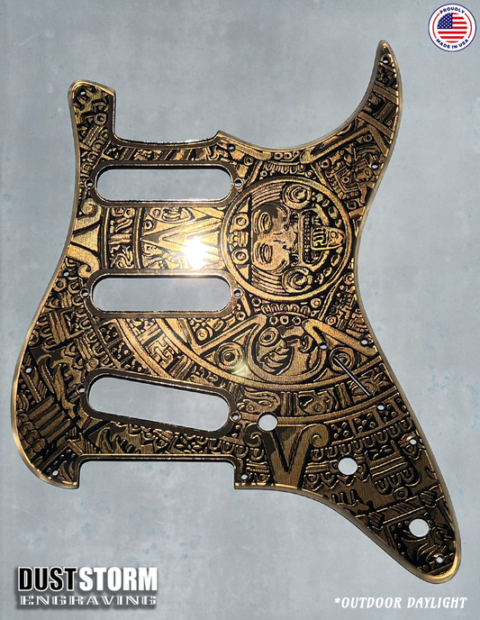 Engraved Mayan Calendar Pickguard for Fender Stratocaster & Free Tremolo Cover Dark Copper Acrylic Mirror SSS, HSS, HSH Setups Available