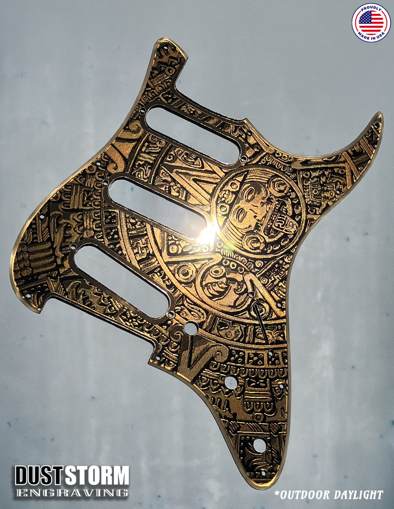 Engraved Mayan Calendar Pickguard for Fender Stratocaster & Free Tremolo Cover Dark Copper Acrylic Mirror SSS, HSS, HSH Setups Available